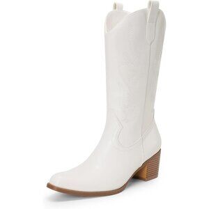 Women's White-pu Faux Suede Square Toe Cowboy Mid Calf Western Boots 15 Inches